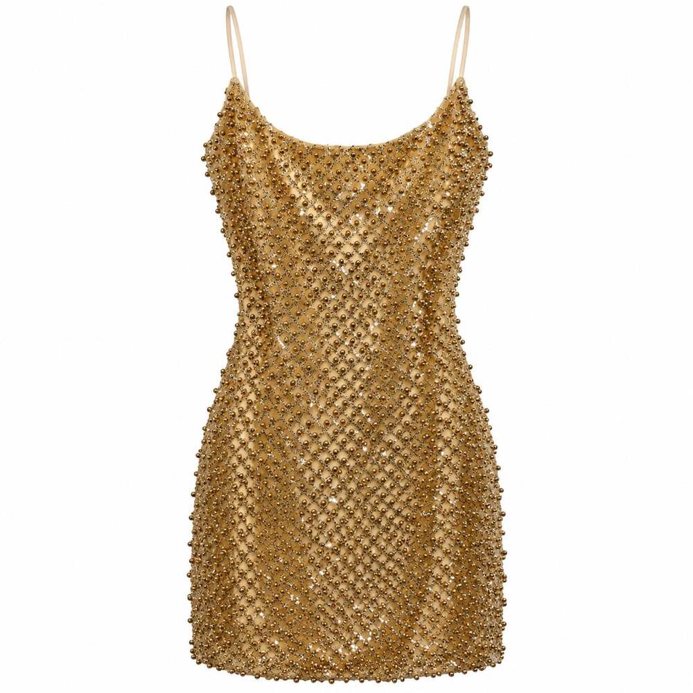 Oh Polly Drop A Glint Gold Beaded Sequin Mini Dress US 2 Party Cocktail